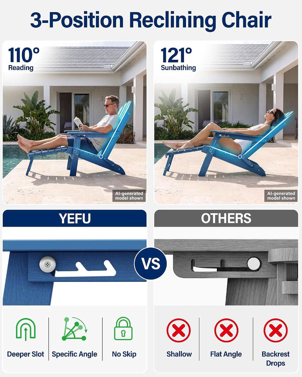 YEFU Adirondack Chairs with Footrest Set of 4, HDPE Adirondack Chair, Blue