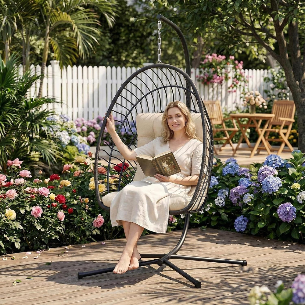 Kingdura Hanging Egg Chair with Stand Indoor Outdoor, Foldable Rattan Wicker ...