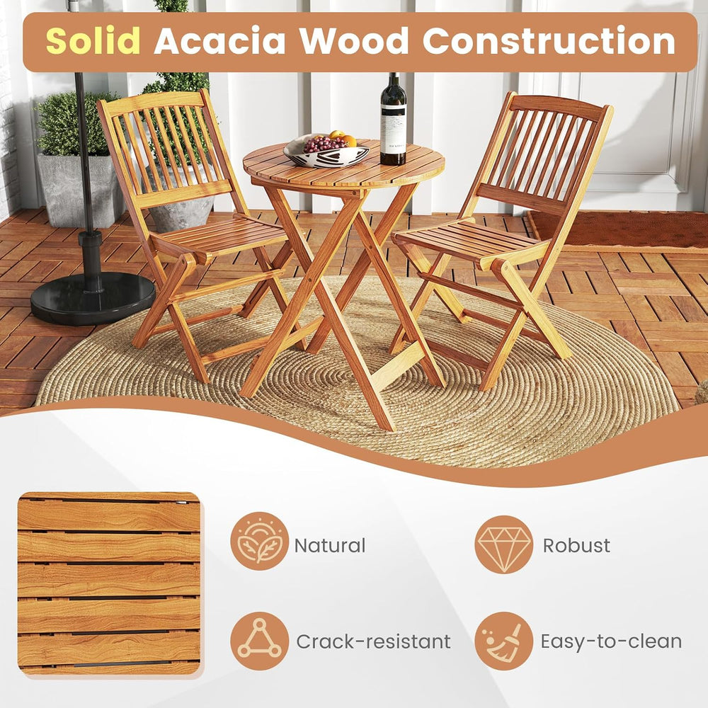 GIANTEX Patio Bistro Set 3 Pieces, Outdoor Acacia Wood Folding Table & Ch...
