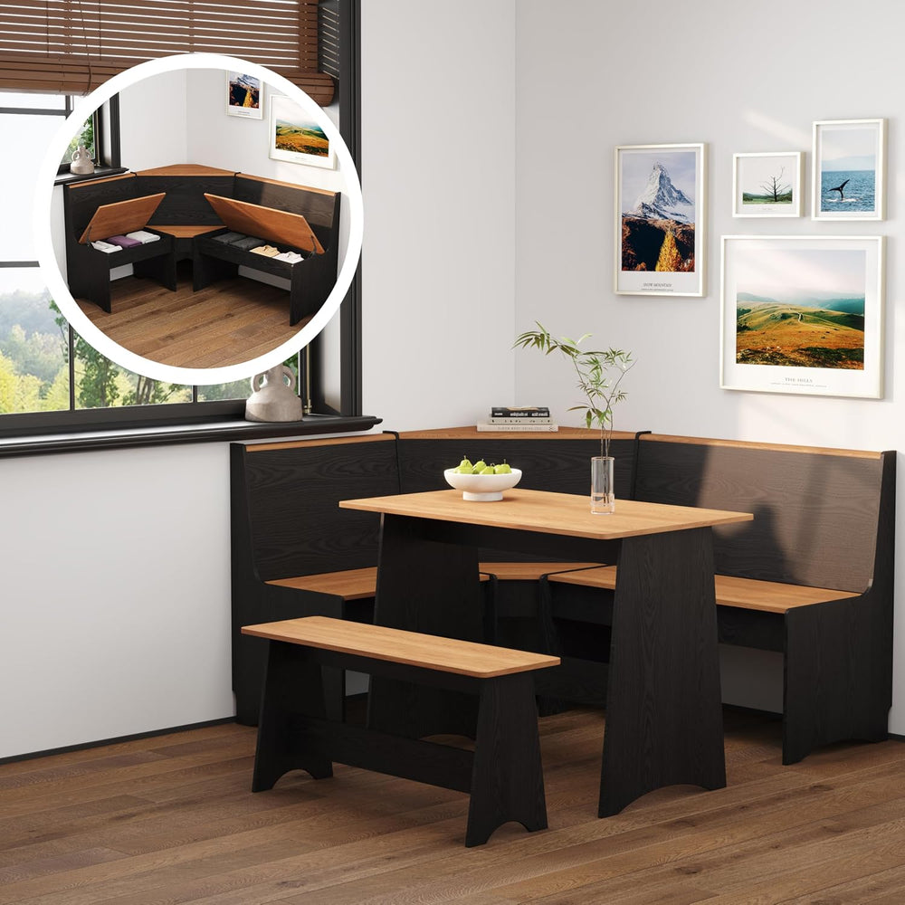 Farmhouse Breakfast Nook Table Set with Corner Bench (Black + Natural)