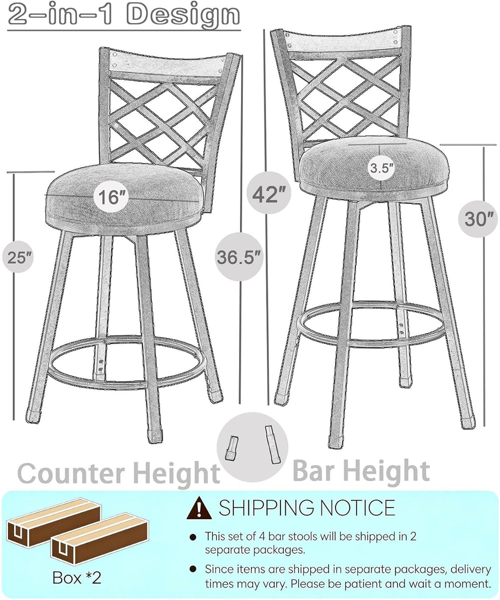 Set of 4 Swivel Bar Stools with Backs, 2-in-1 Adjustable 25"/30" He...