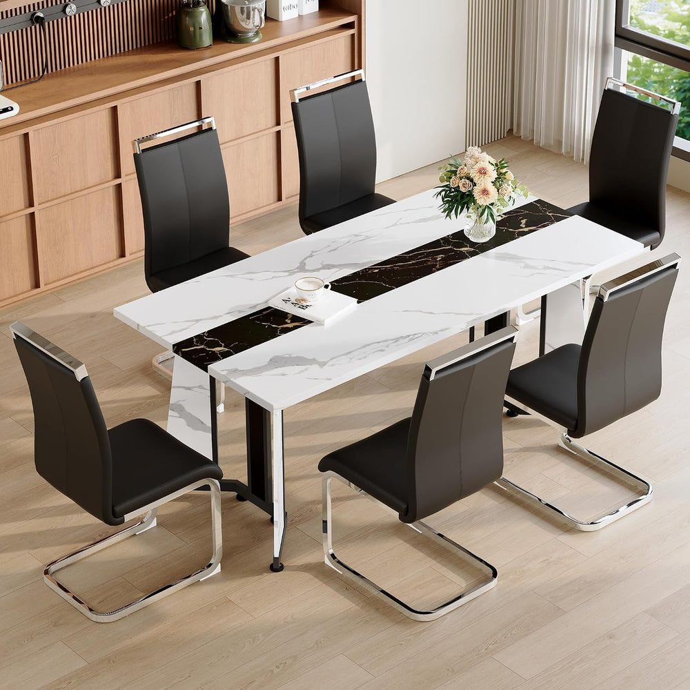Dining Table Set for 6,White Marble 71'' Dining Room Table with Spaci...