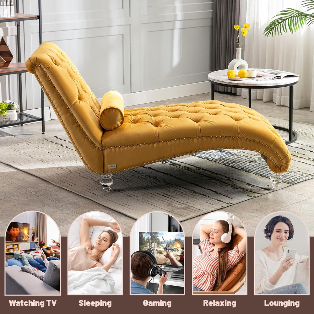 Chaise Lounge Chair Indoor Mustard Velvet Upholstered Button Tufted Chaise Lo...