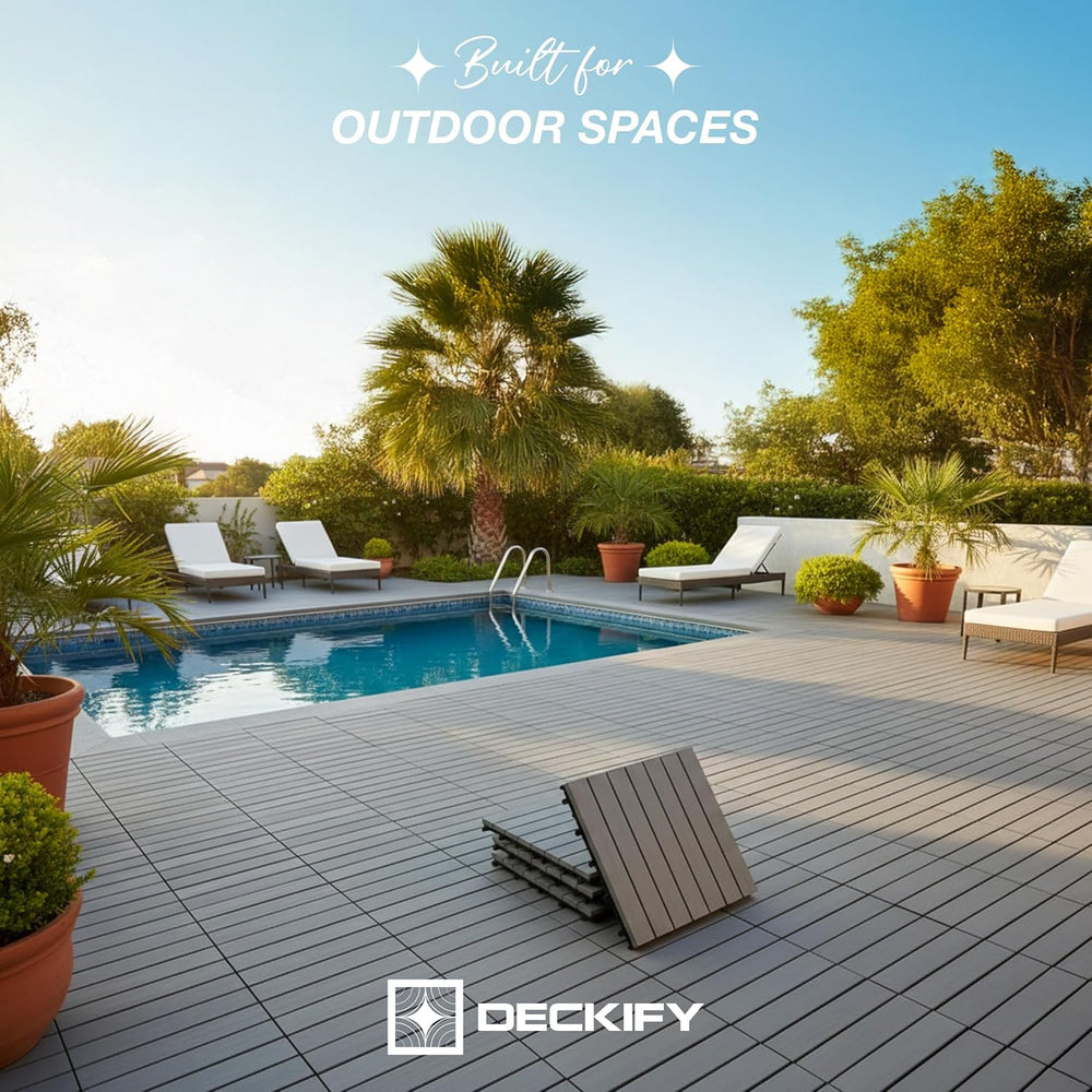 Acacia Interlocking Deck Tiles Outdoor Waterproof All Weather, Grey Striped