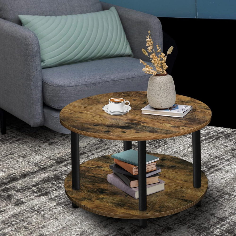 Small Round Coffee Table for Small Space, 23.5" 2-Tier Rustic Brown Wood...