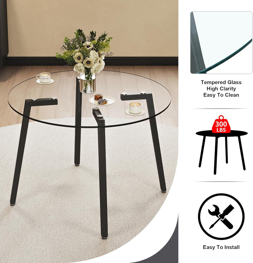 Clear Round Glass Top Dining Set for 4, 42'' Modern Luxury Circle Din...