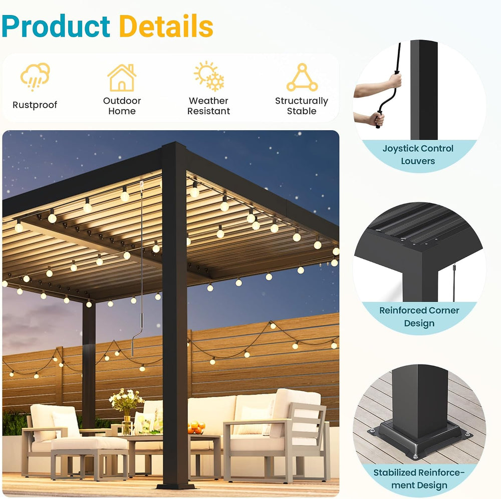Pergola 10'x12' with Adjustable Roof & Thick Aluminum Frame for A...