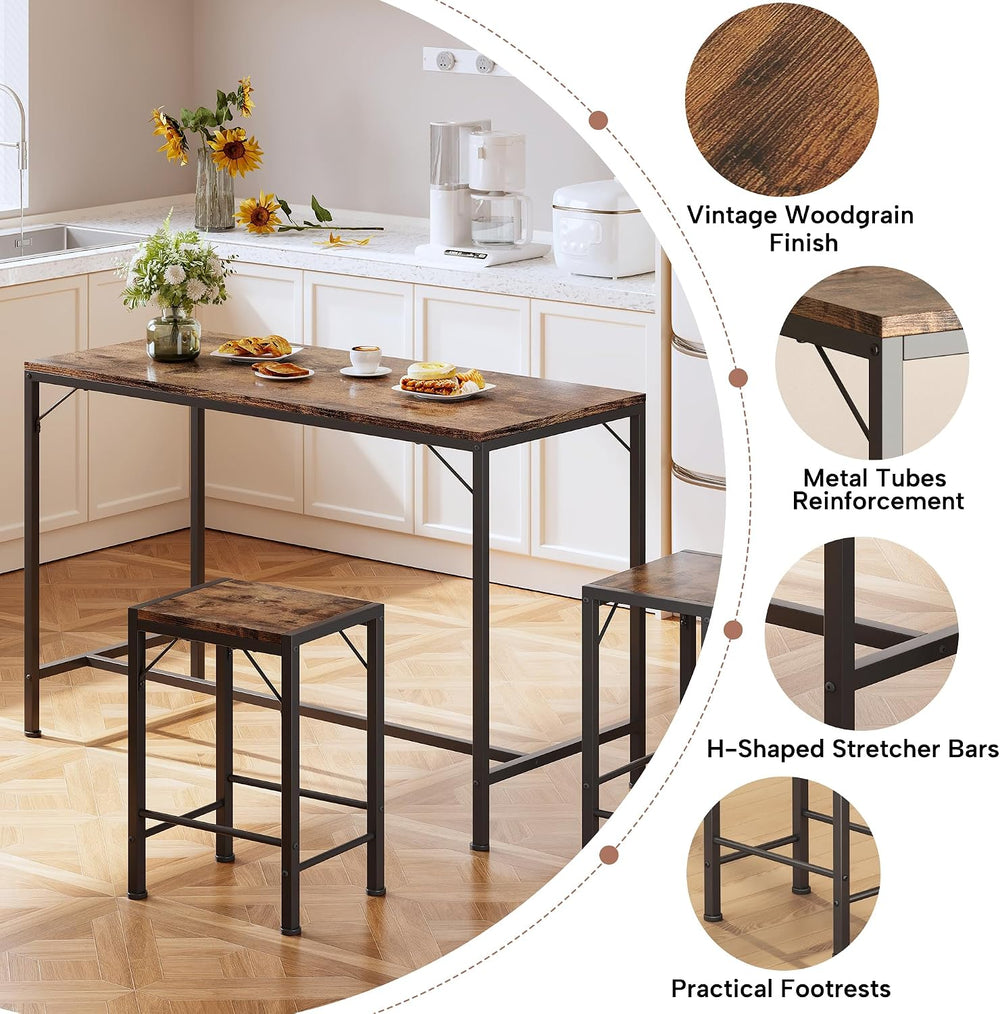 Homeiju Bar Table and Chairs Set, Dining Table with 2 Stools