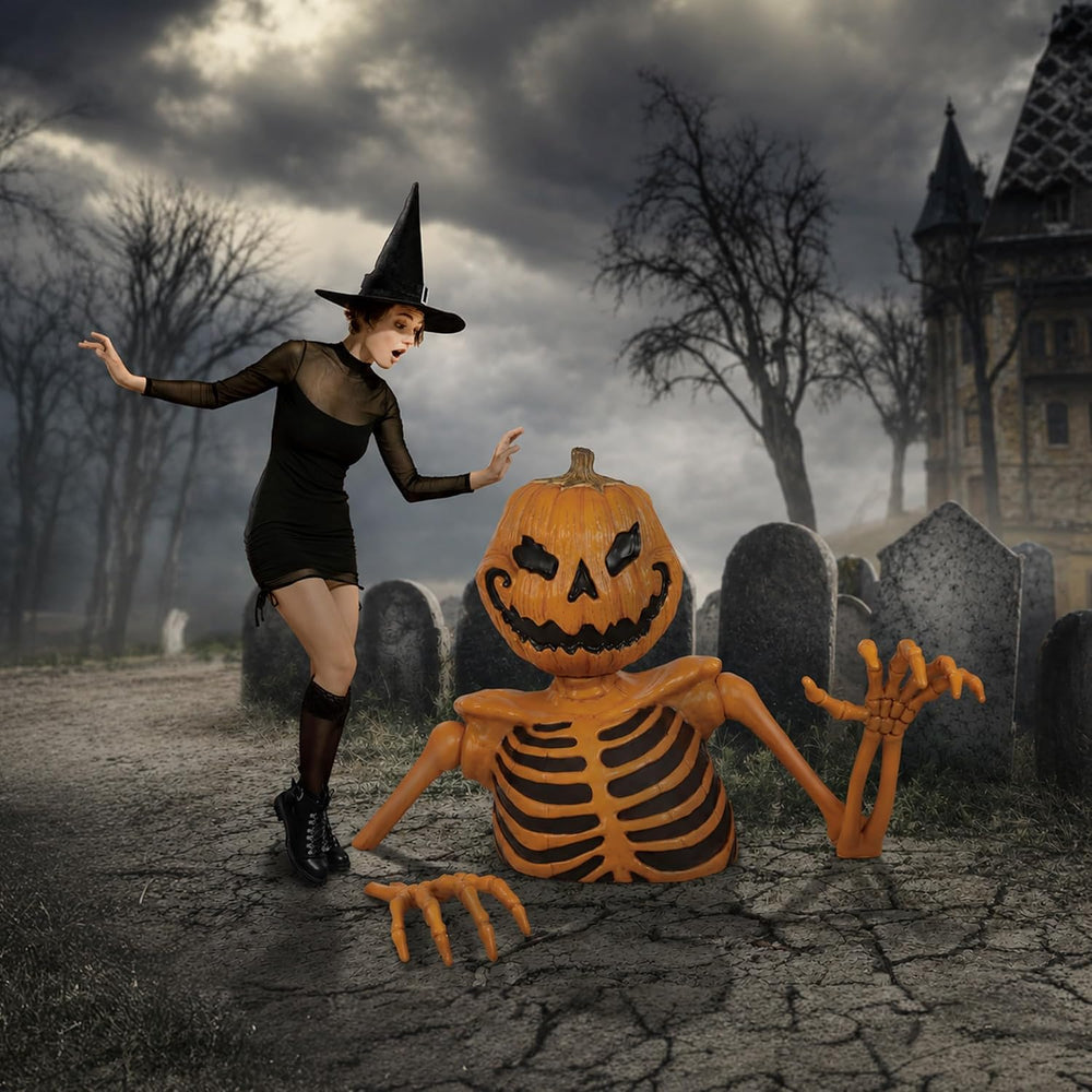 BOO BOX 4 Ft.Halloween Pumpkin Groundbreaker Skeleton, Giant Outdoor Decorati...