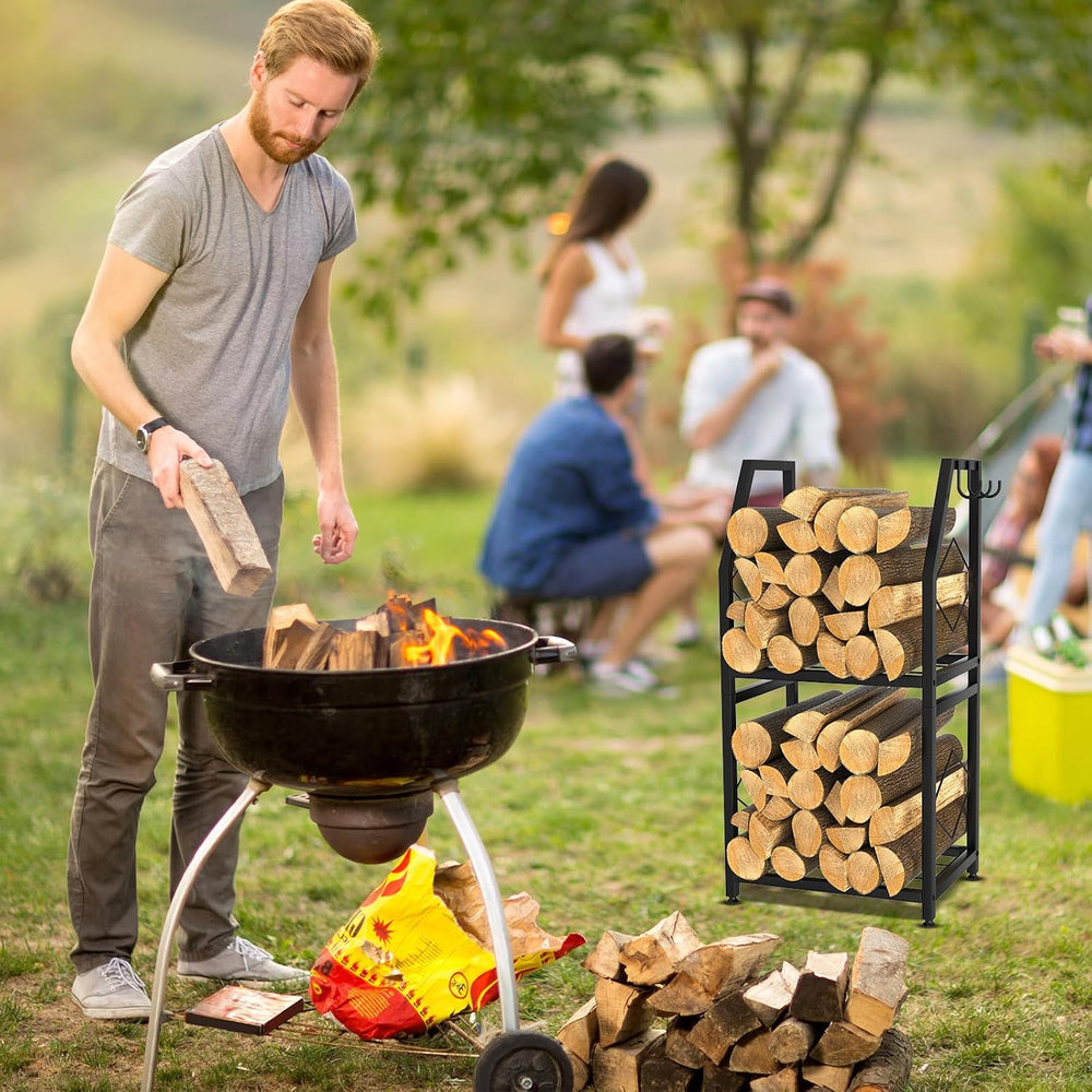 VyGrow Firewood Rack for Indoor, 2-Tier Firewood Holder with 3 Hanging Hooks,...