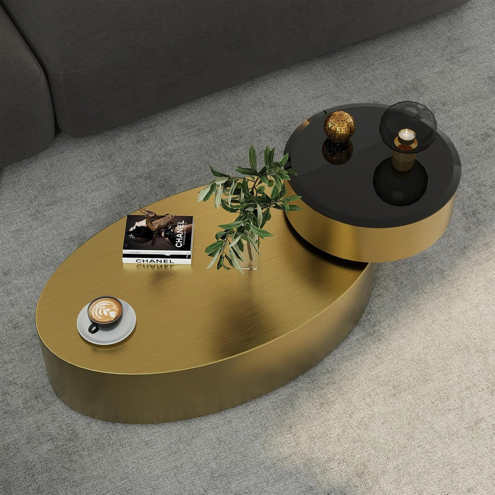 Oval Rotating Coffee Table with Tempered Glass Top, 2-Tier Design & 360° ...