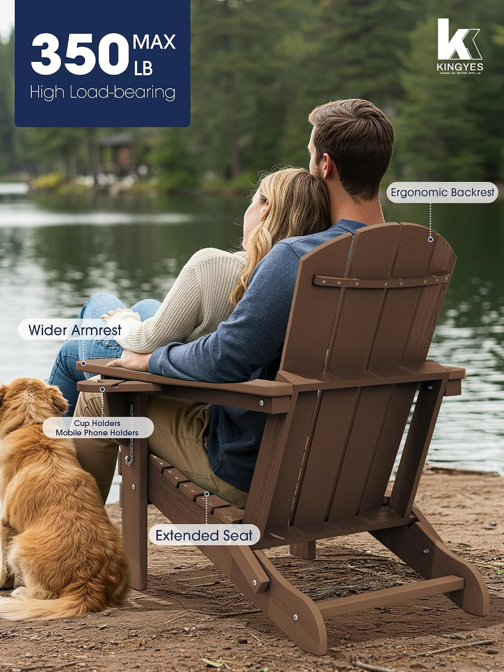 KINGYES Folding Adirondack Chair Set of 6 with 2 Cup Holders, Brown