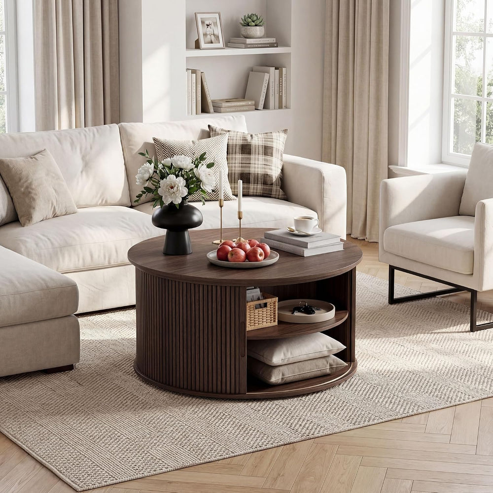 Round Lift Top Coffee Table, 31.5'' Fluted Coffee Table with Hidden S...
