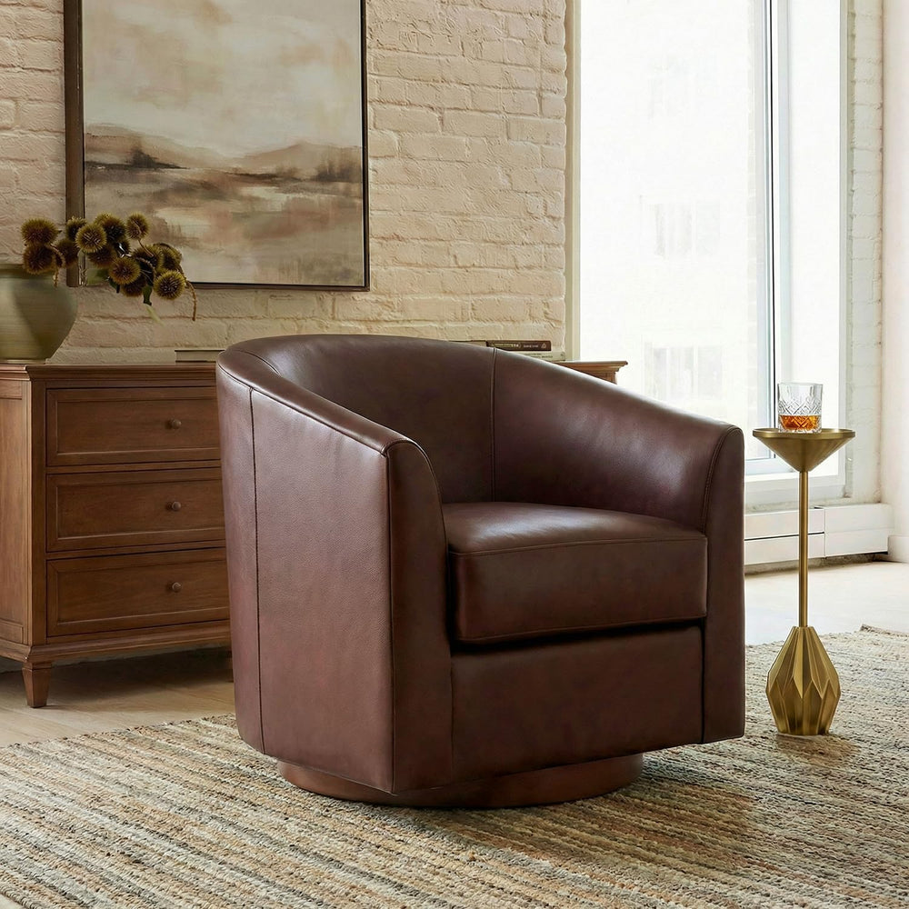 HULALA HOME Genuine Leather Swivel Barrel Chair with Solid Wood Base, Brown