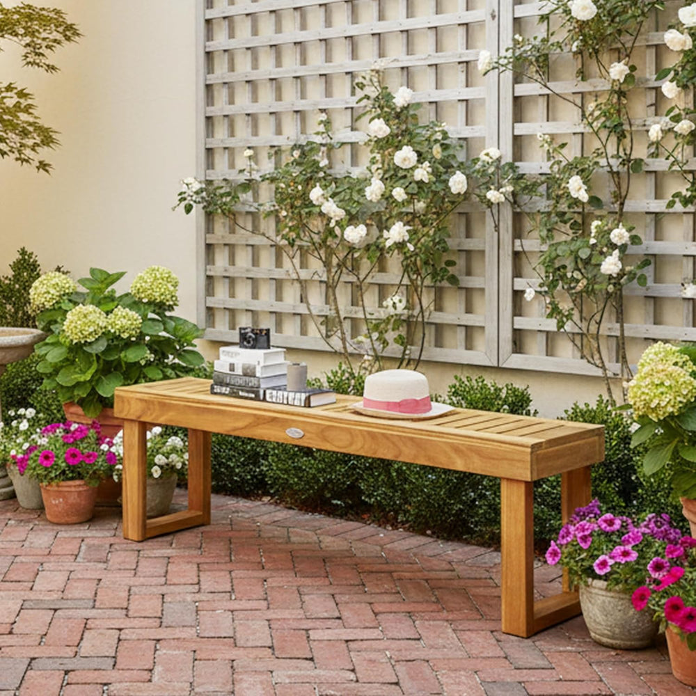 Tangkula 52" Acacia Wood Outdoor Bench, Wood Patio Dining Bench with Sla...