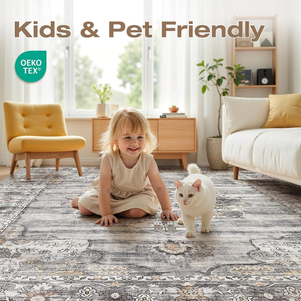 Vintage Washable 7x9 Area Rug, Non-Slip Indoor Carpet, Grey