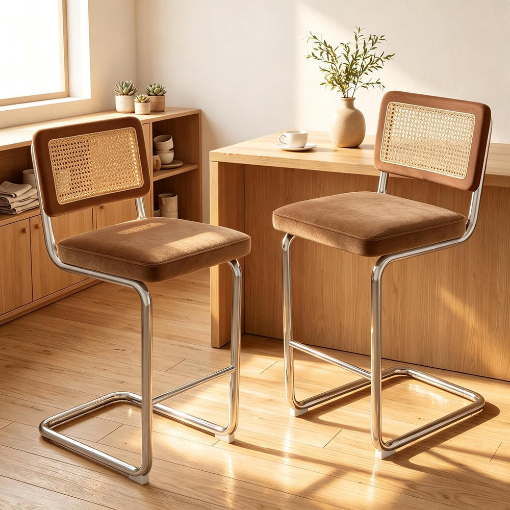 Rattan Bar Stools Set of 2 with Solid Wood Back, 26" Counter Height Bar ...
