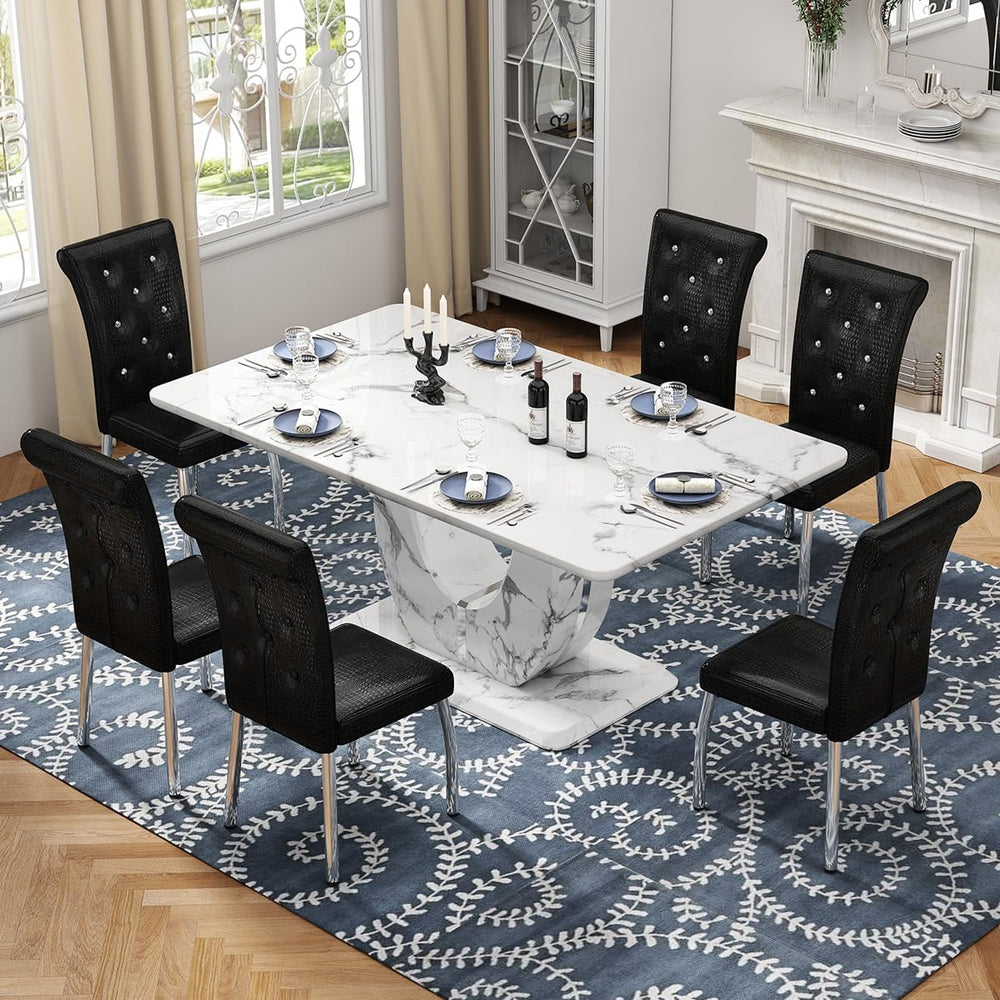 Modern Faux Marble Dining Table Set for 6, 63" White Rectangular Kitchen...