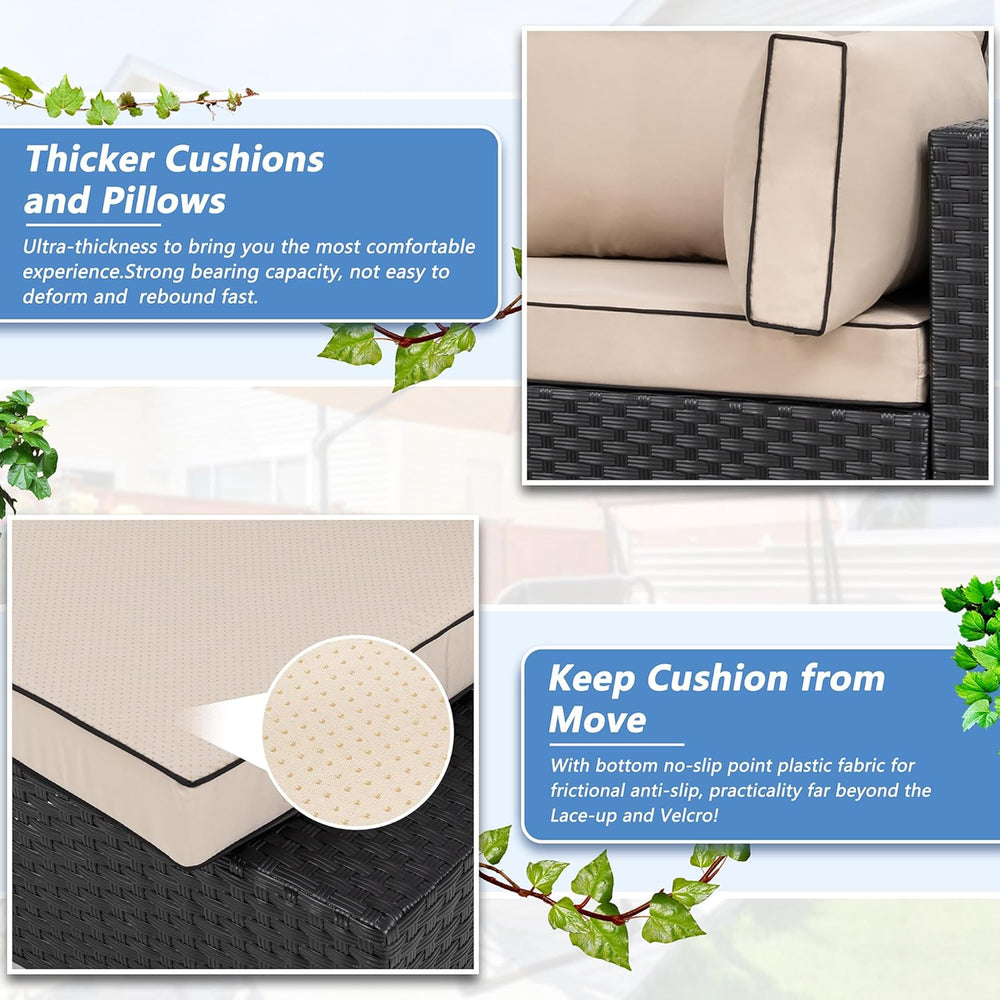 Shintenchi 7 Piece Outdoor Patio Furniture Set with Black PE Rattan, Khaki
