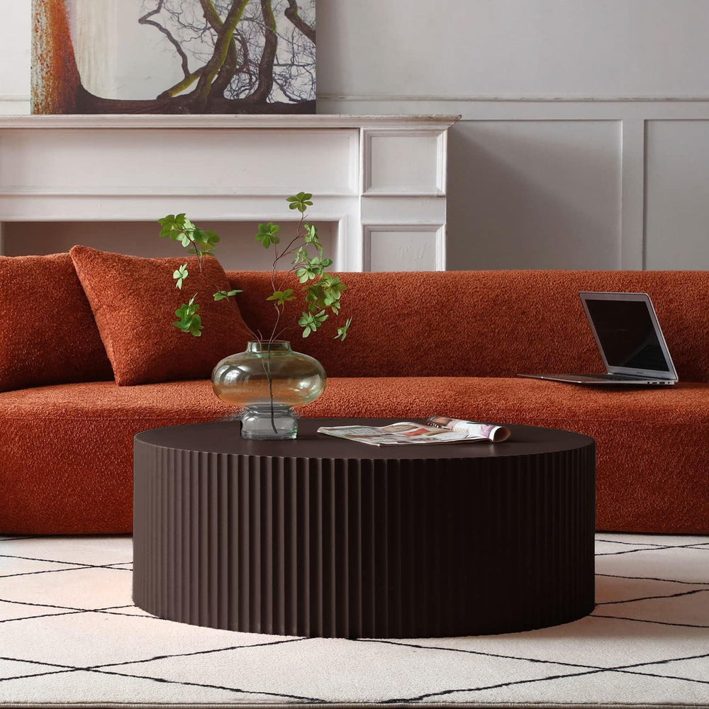 Brown Round Drum Coffee Tables for Living Room Contemporary Circle Coffee Tab...