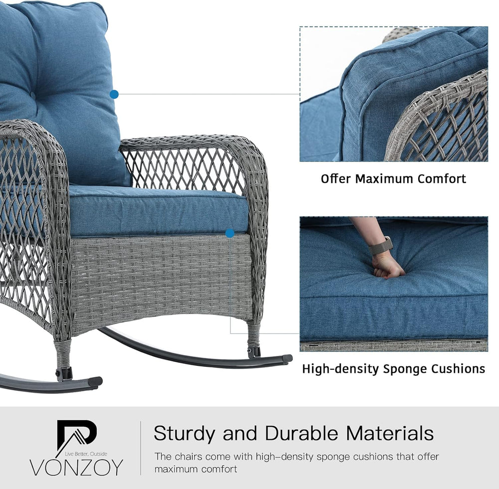 Patio Furniture Set 3 Pieces, Wicker Outdoor Rocking Bistro Set, Blue