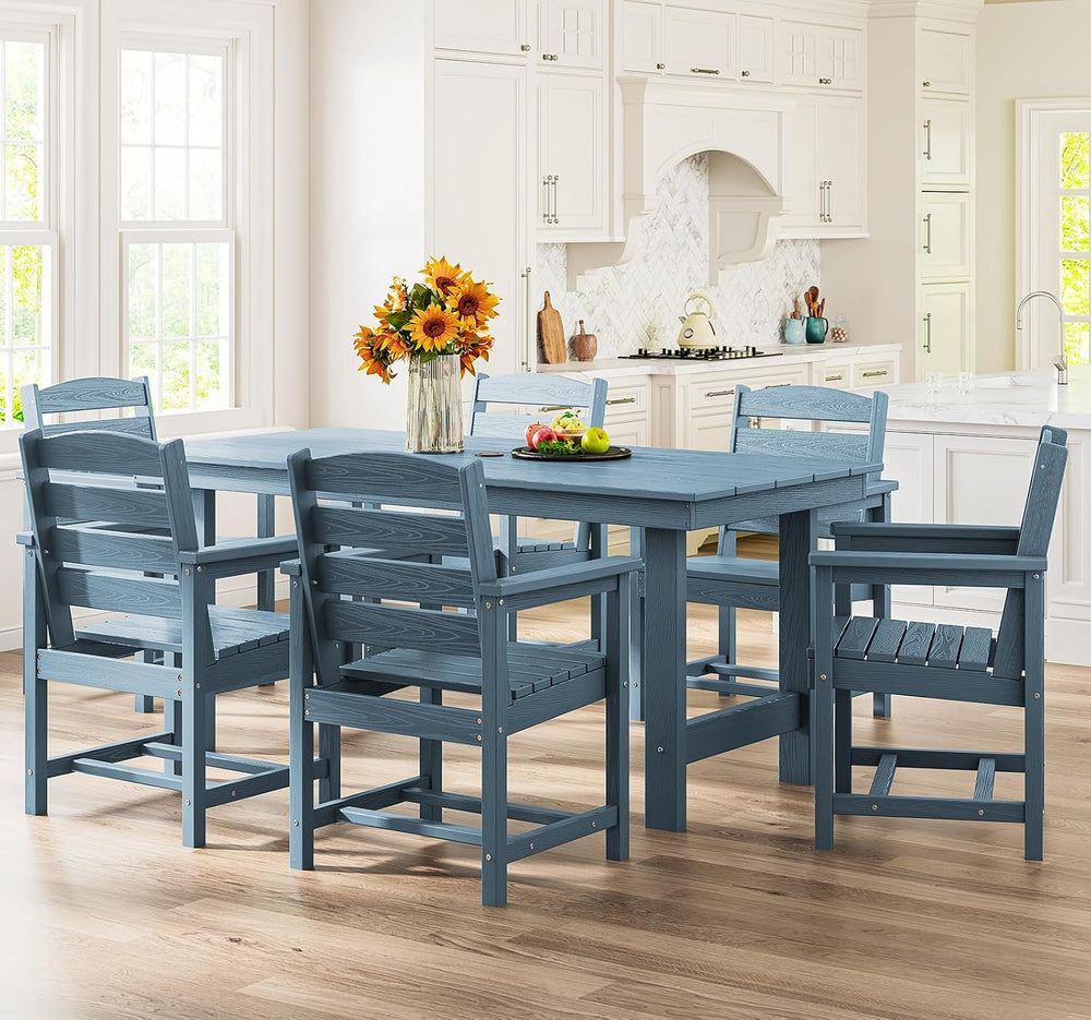 SERWALL 7 Pcs Outdoor Dining Set, 67" HDPE Dining Set for 6, Blue