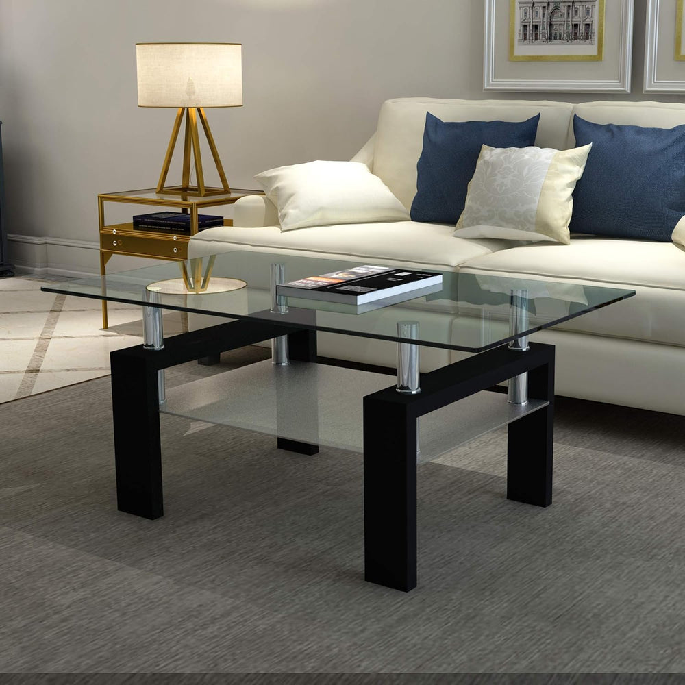 IANIYA Glass Coffee Table Metal Tube Glass Coffee Table, Livingroom Table (Cl...