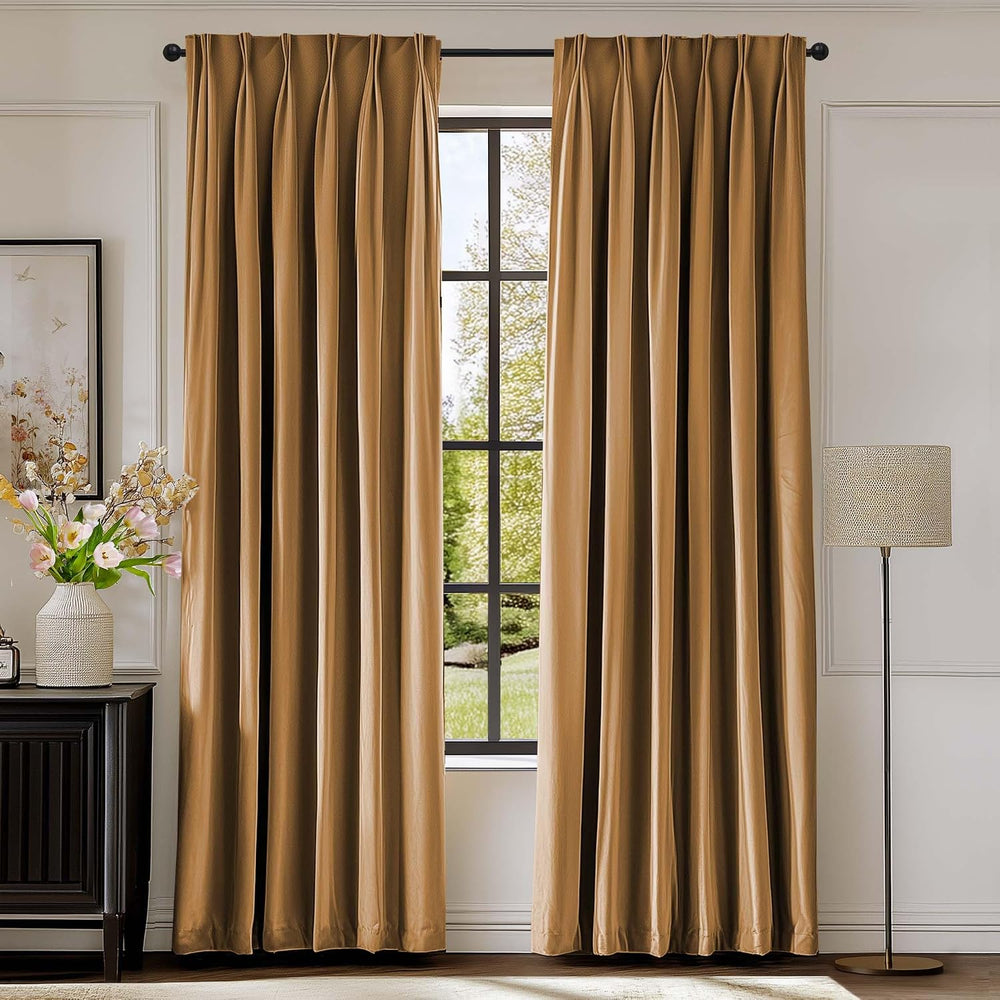 Lazzzy Gold Brown Blackout Velvet Curtains 84 Inch Length Pinch Pleated Therm...