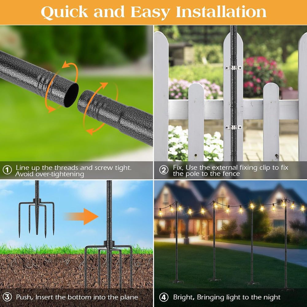 StarryEver 4 Pack String Light Poles, 3M/10FT Adjustable Height Metal Lights ...