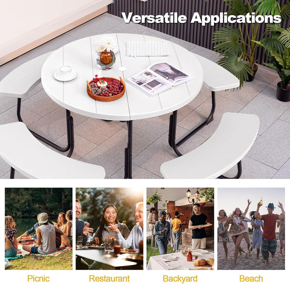 Tangkula 8 Person Picnic Table, Outdoor Round Picnic Table with 4 Built-in Be...