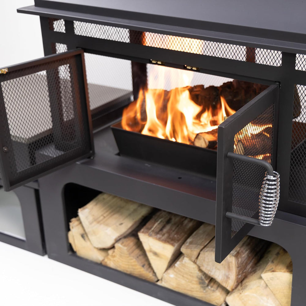 70 Inch Rectangular Outdoor Steel Woodburning Fireplace with Side Tables - In...
