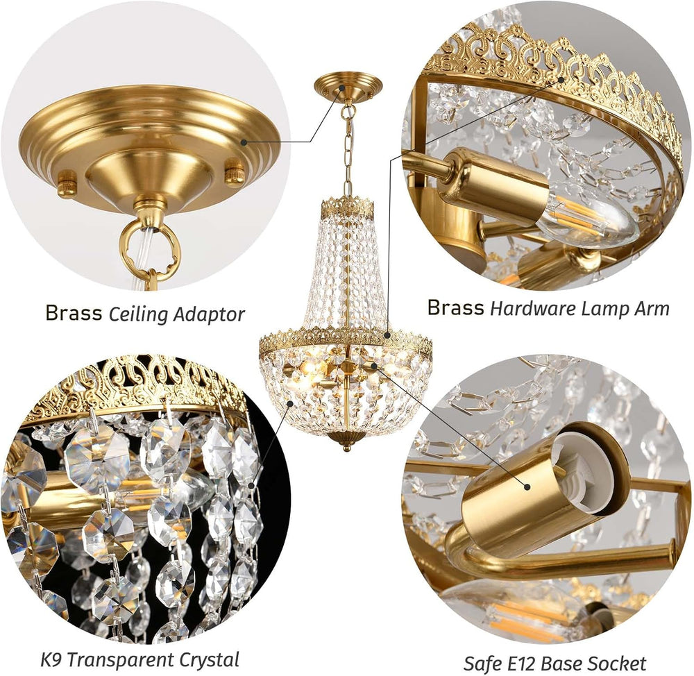 Mini French Country Crystal Vintage Small Brass Chandelier Lighting