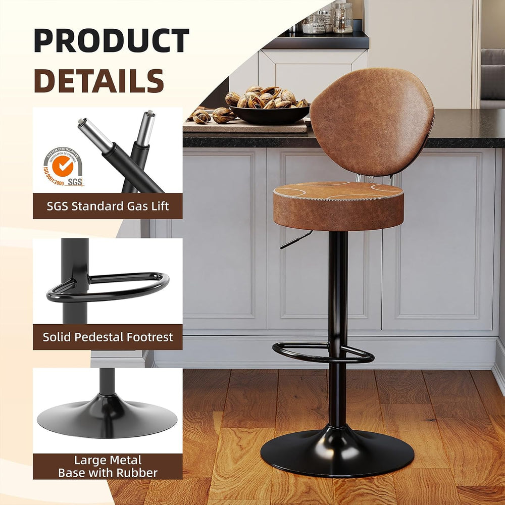 Swivel Bar Stools Set 1, Adjustable Height Suede-Like Leather Brown