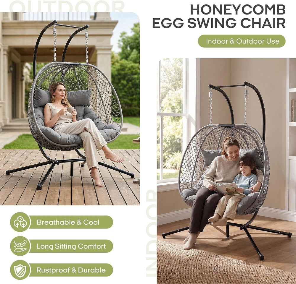 Double Egg Chair with Stand for 2 Persons, Oversized Patio Hanging Basket Cha...
