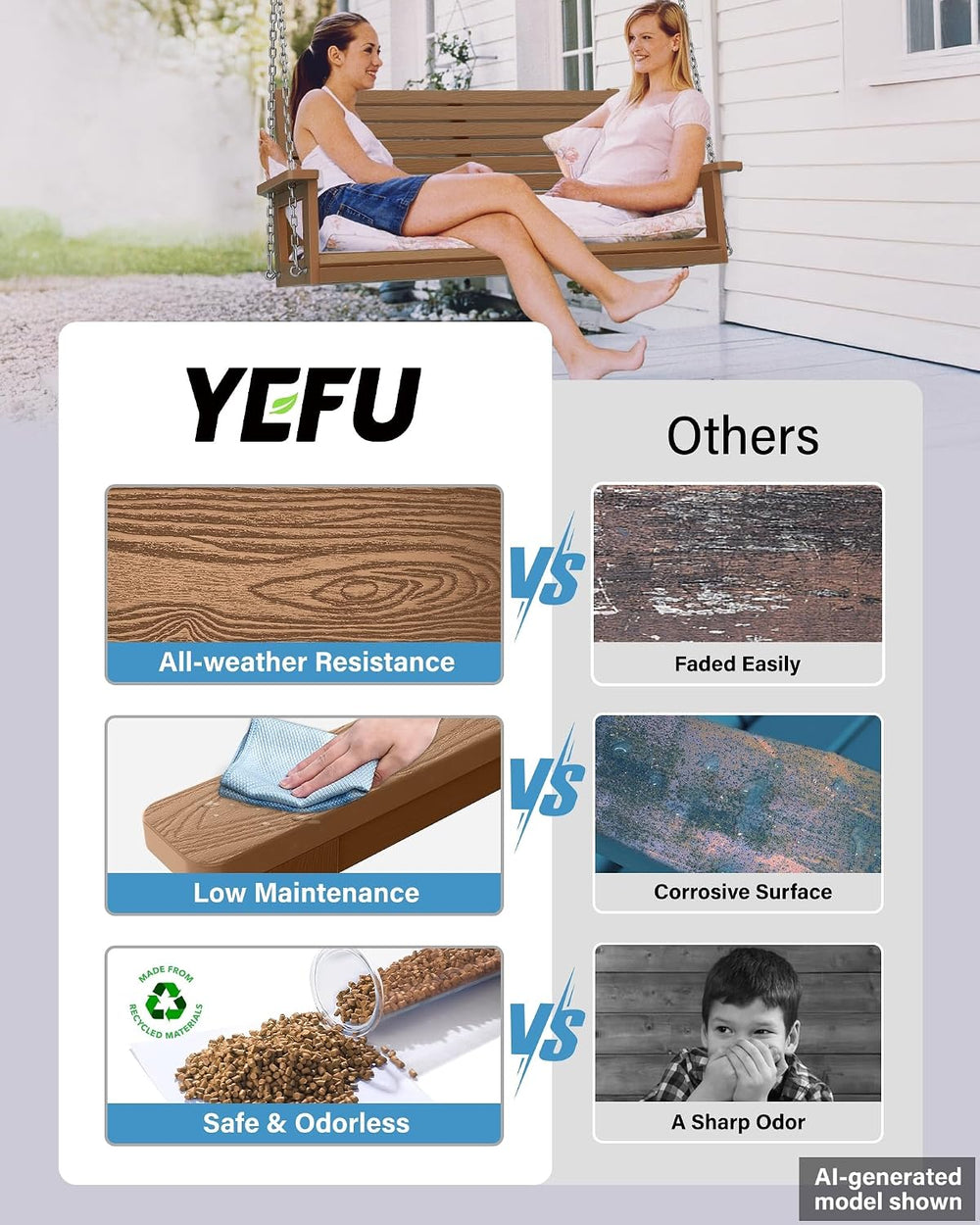 YEFU 48in/4FT 2 Seater Hanging Porch Swing - Teak