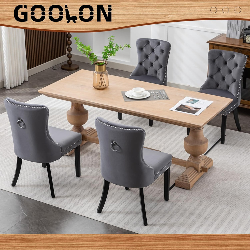 Velvet Dining Room Chairs Set of 2, Button Tufted, Wood Legs, Dark Gray