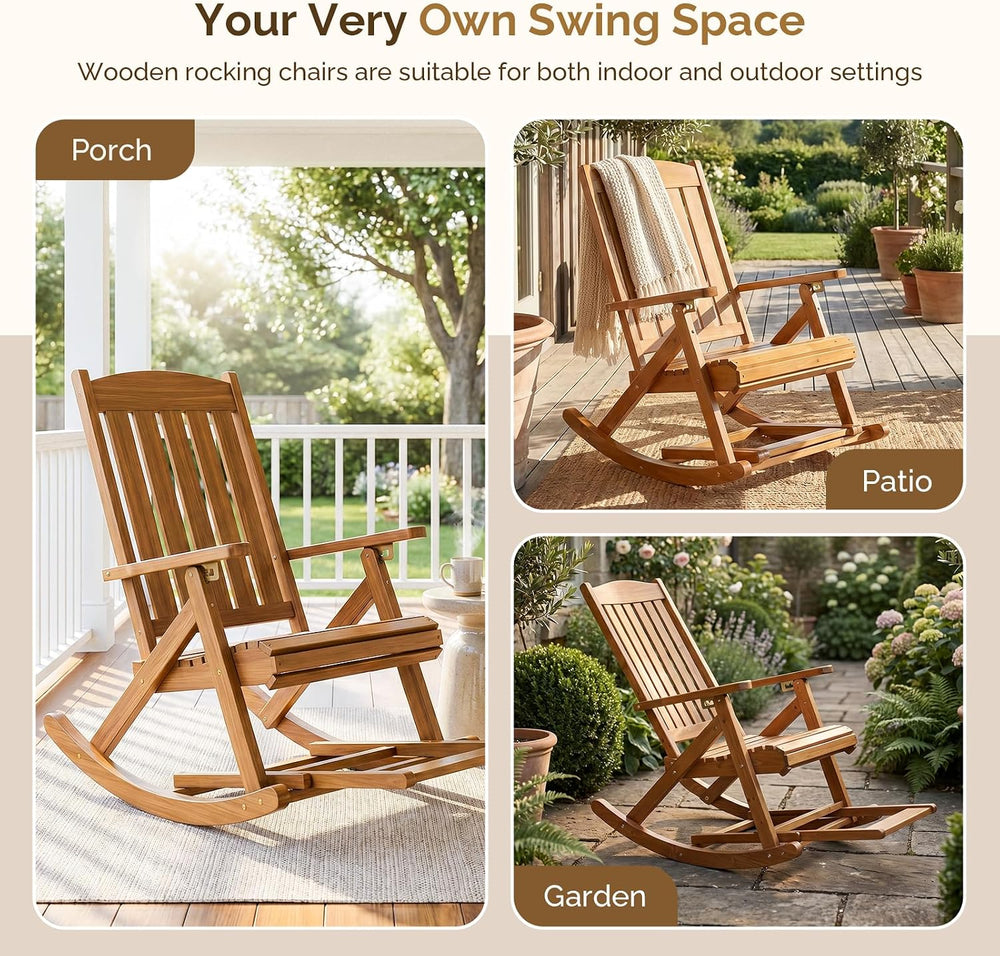 VINGLI Wooden Porch Rocking Chair, Heavy Duty Outdoor Rocking Chair with Retr...