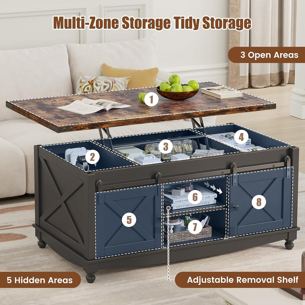 ALLSTAND 48" Farmhouse Lift Top Coffee Table with Storage Sliding Barn D...