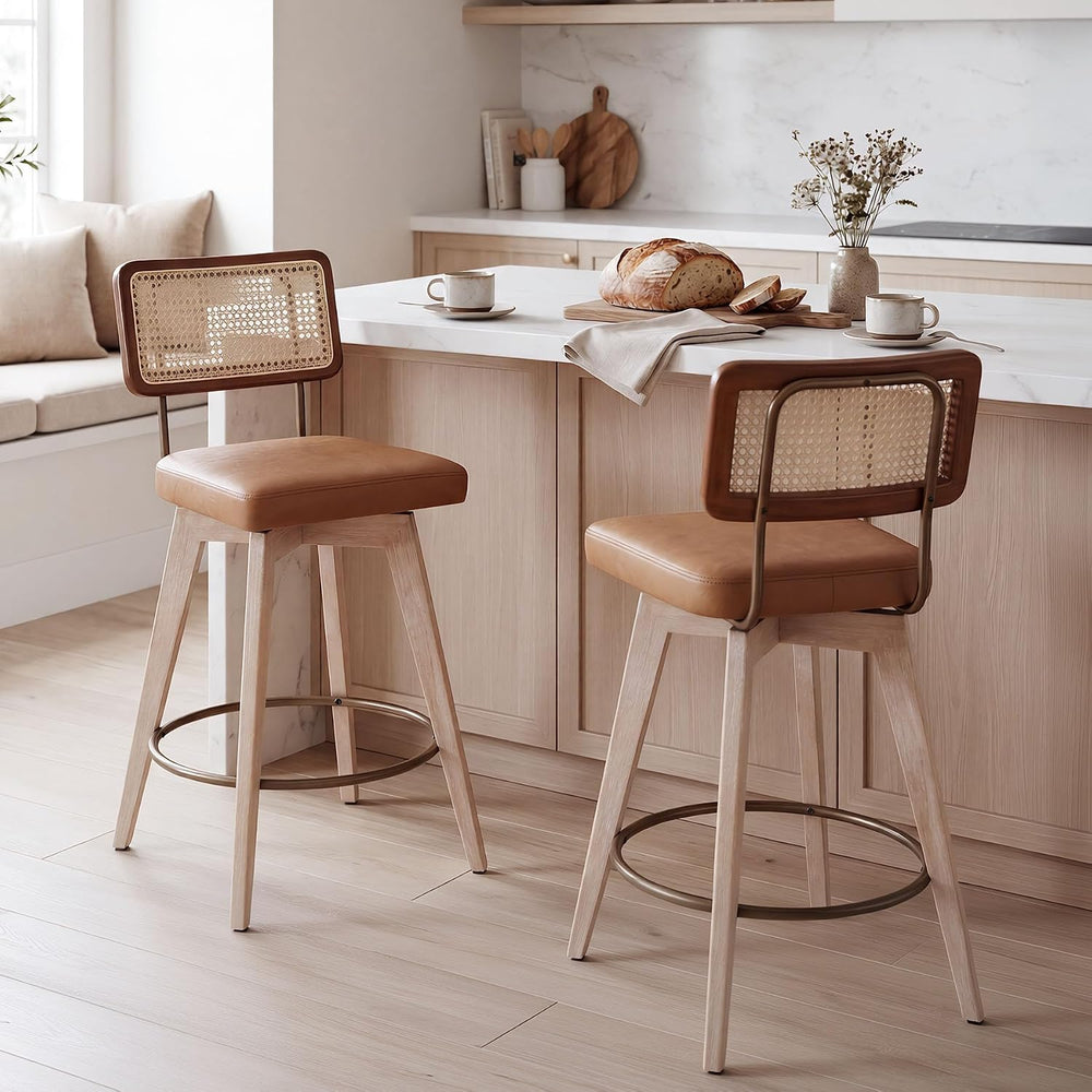 26" Swivel Boho Bar Stools Set of 2, Solid Wood, Rattan, Brown