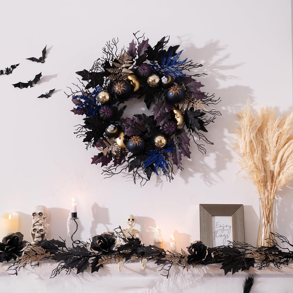 DecorbyHannah 24'' Pumpkins Halloween Wreath with Lights for Front Door