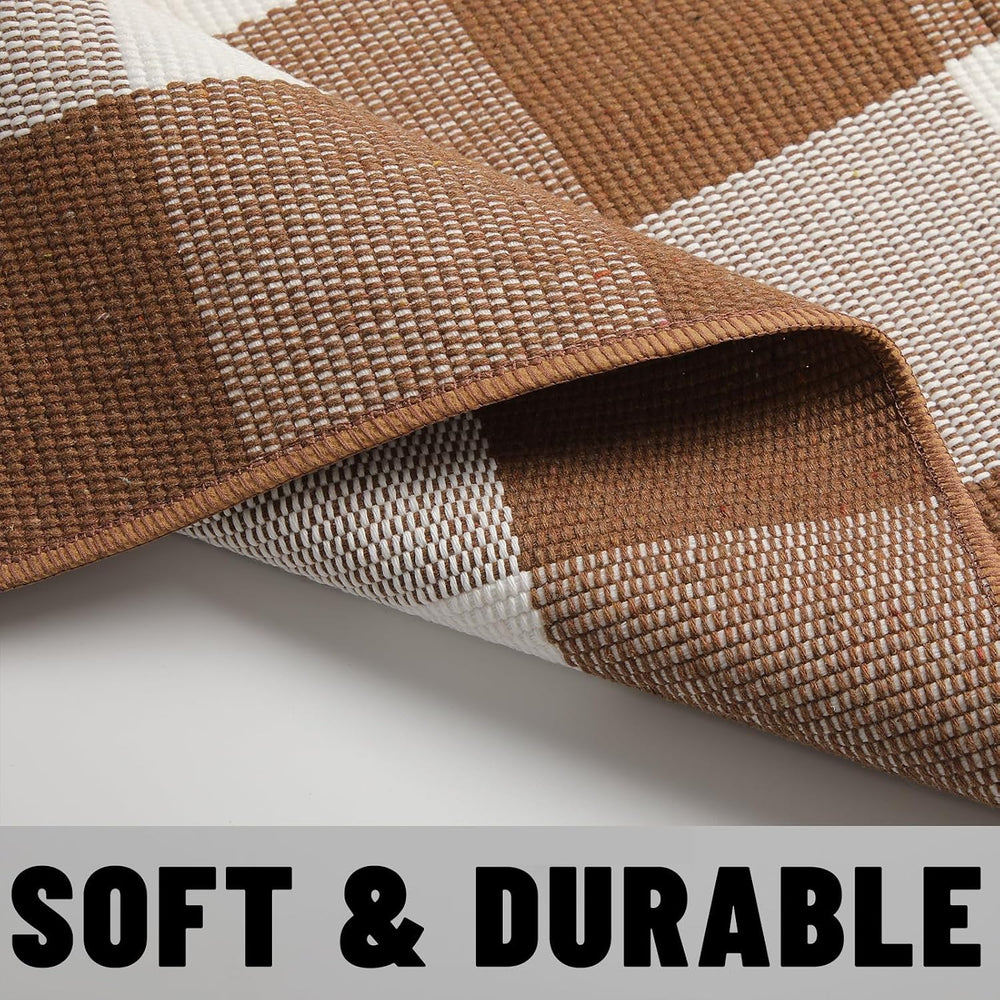 Fall Decor Buffalo Plaid Outdoor Rug 3x5 Ft Coffee and White Checkered Area R...