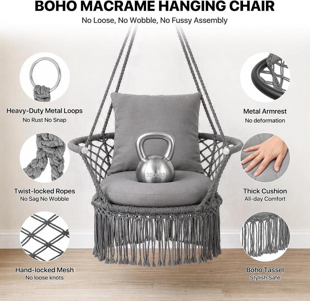 Athena Collection Macrame Hammock Chair with Mounting Hardware Kit, Gray
