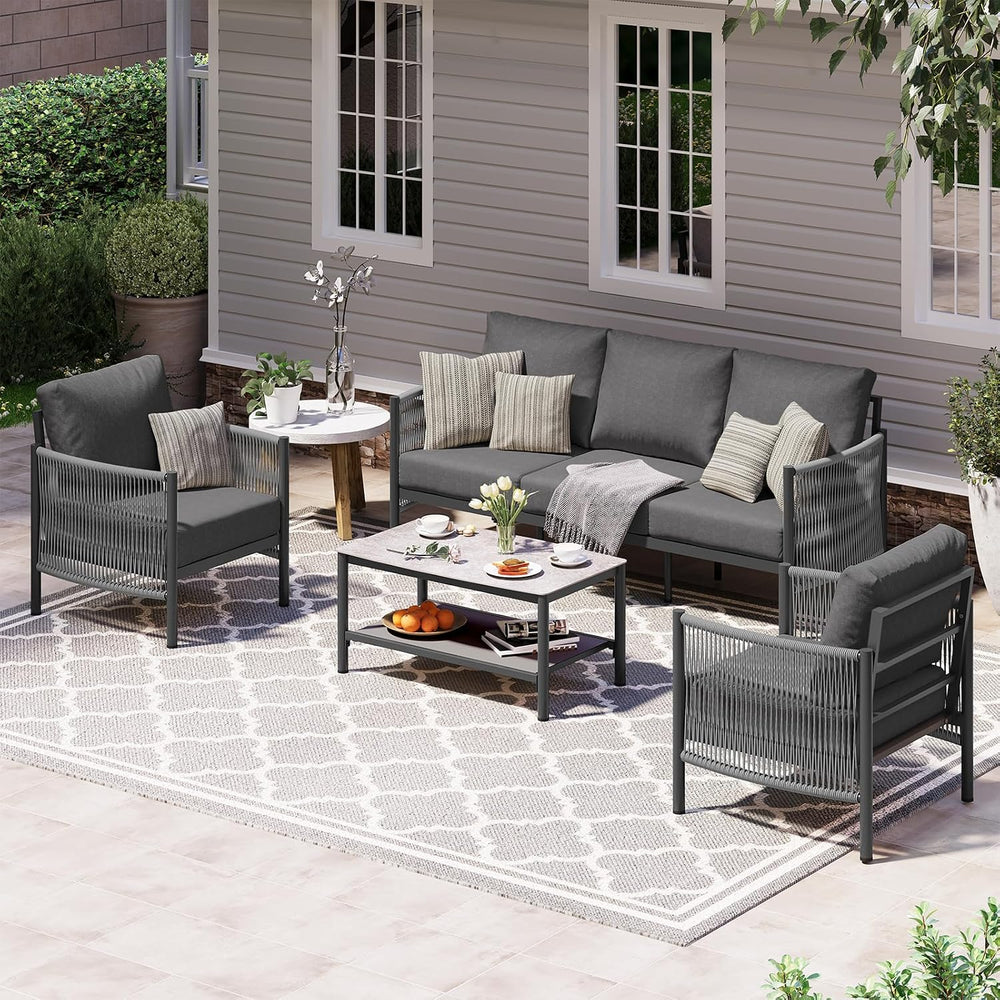 Aluminum Outdoor Patio Furniture Set with Dual-Layer Coffee Table, 4 Piece Mo...