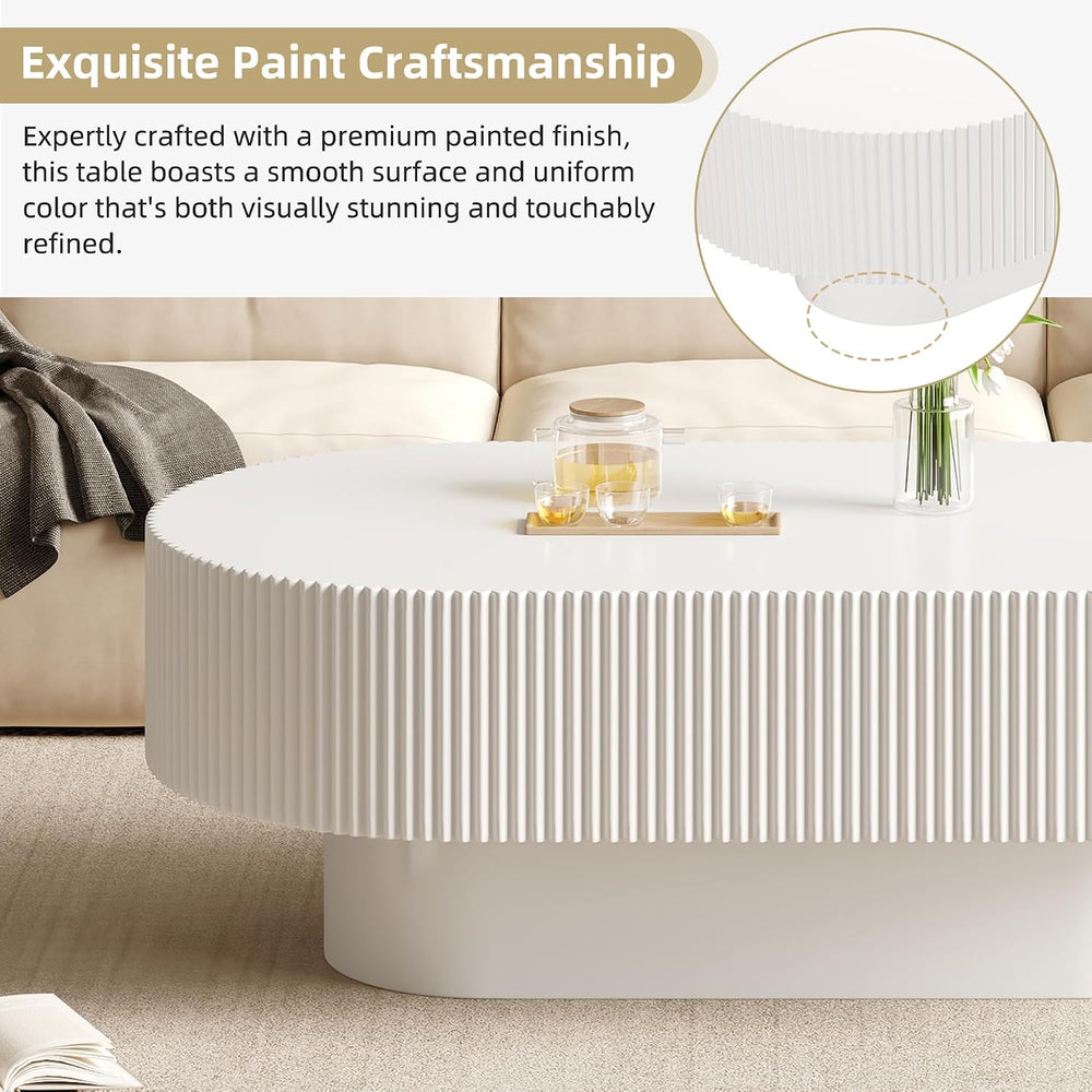LUMISOL Oval Fluted Coffee Table with Thick Tabletop and Base,White