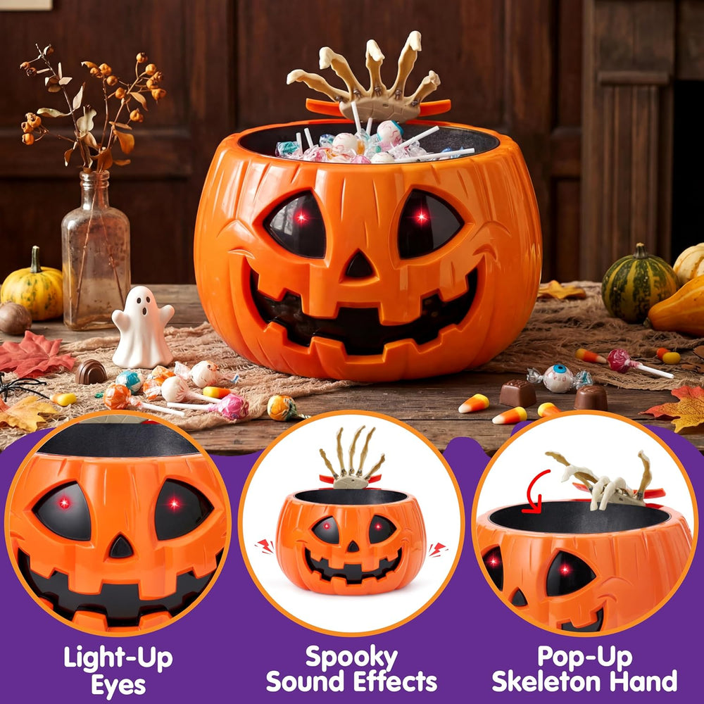 JOYIN Halloween Decorations Animated Skull Pumpkin Candy Bowl, Light-Up Skull...