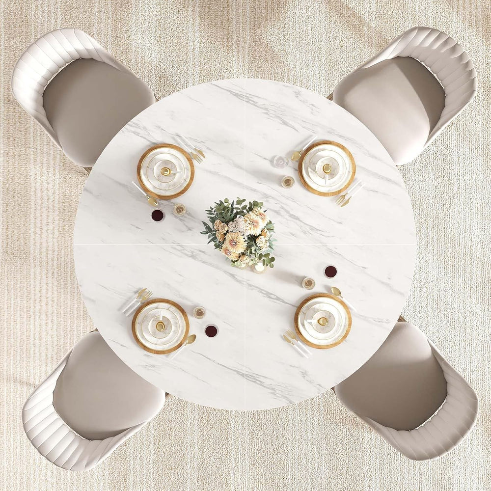 IBF White Marble Round Dining Table, Modern Wood Dinner Tables, 47 Inch