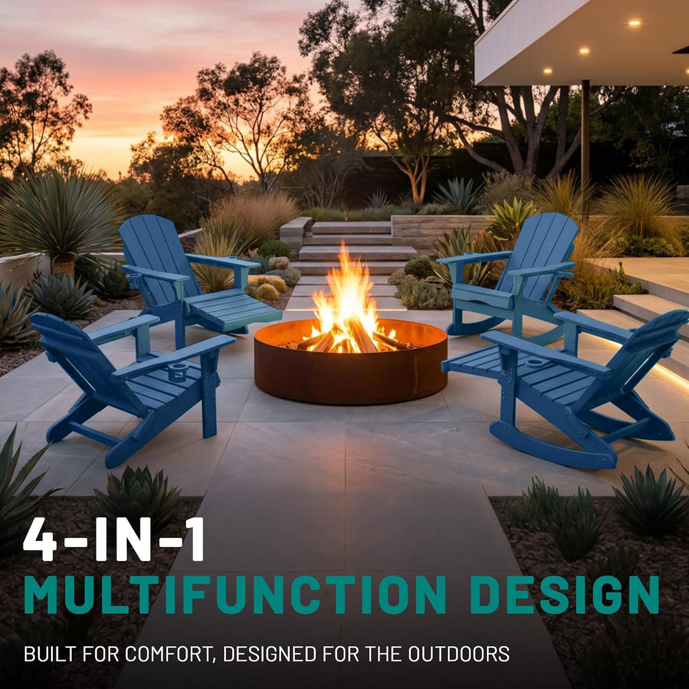 PLUUV Folding Adirondack Rocking Chair with Retractable Ottoman, Navy Blue
