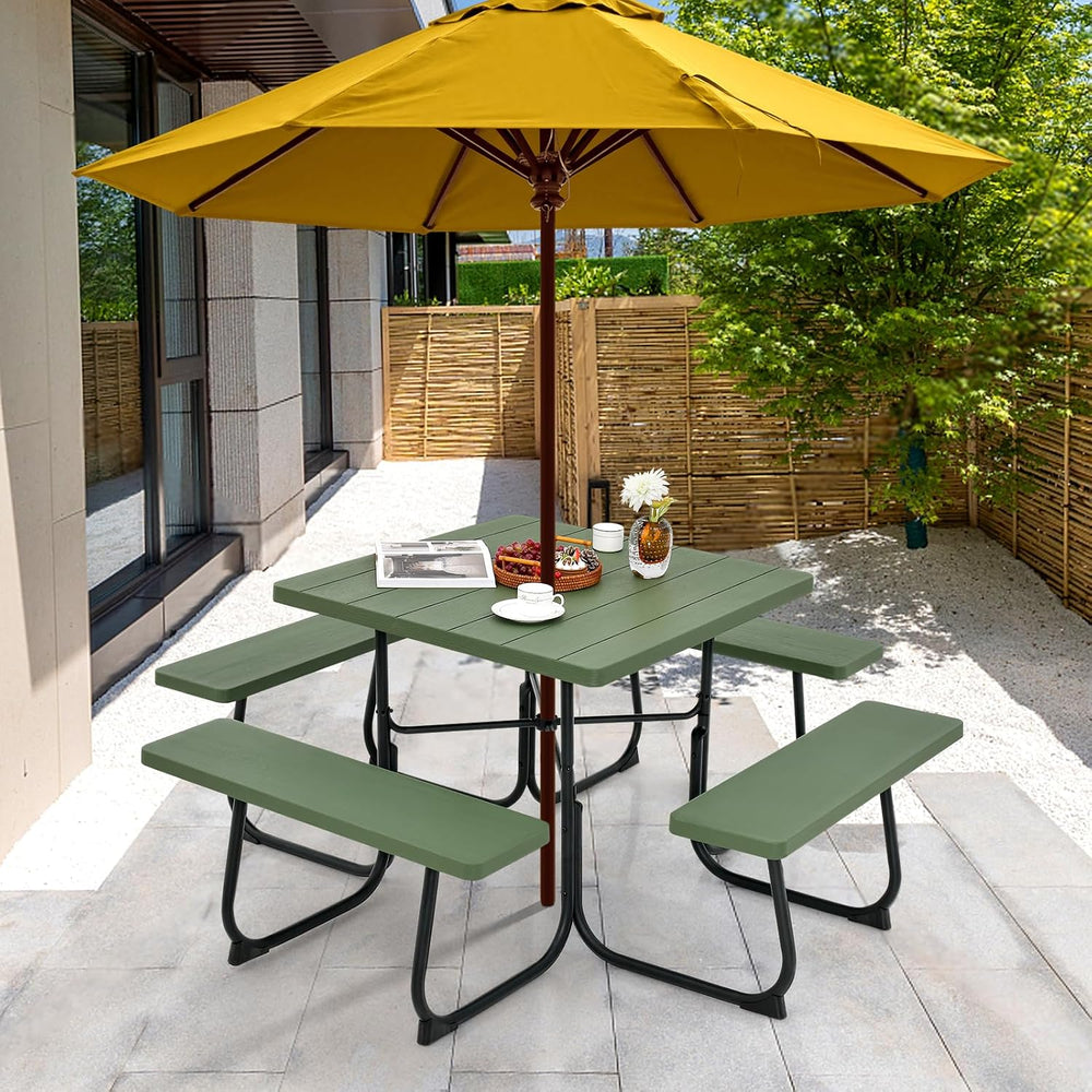 Tangkula 8 Person Picnic Table, Outdoor Square Picnic Table with 4 Built-in B...