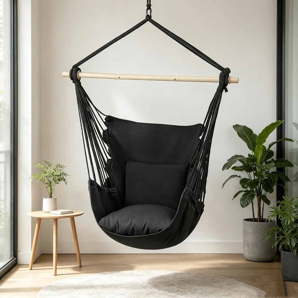 MoNiBloom Hammock Chair Hanging Rope Swing w/2 Cushions, Hold 350lbs, Black