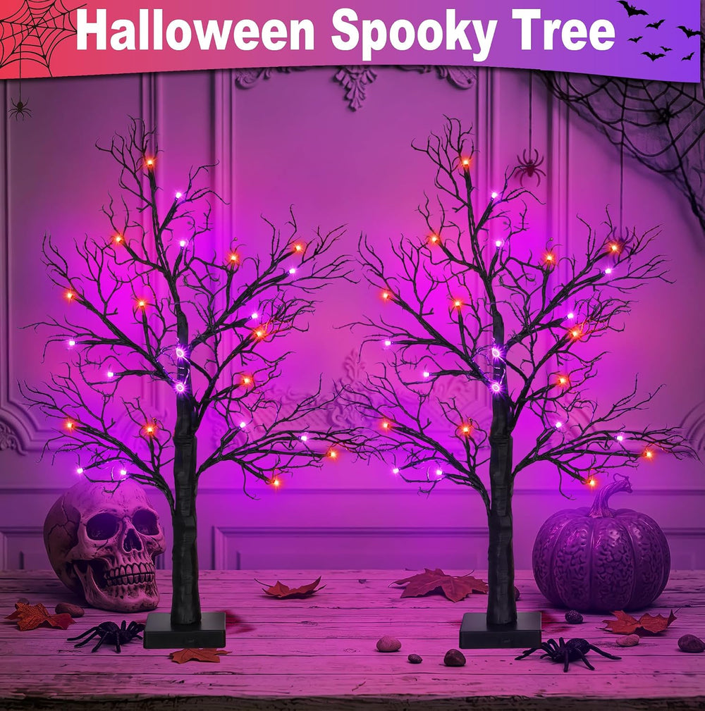2 Pack 24 Inch Spooky Black Halloween Tree Decorations for Indoor Home Table,...